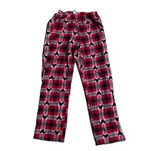Womens MICKEY MOUSE PAJAMA PANTS Red Black Plaid SOFT FLEECE Sleep Lounge S 4-6